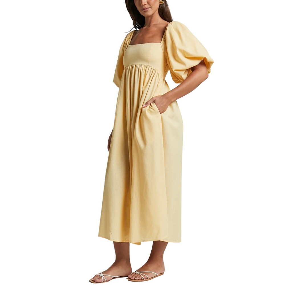 Showpo Yellow Puff Sleeve Midi Dress with Pockets